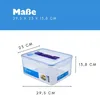 A clear image of a transparent storage container with dimensions indicated by lines and text. Voir les images du produit
