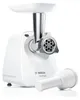 A white Bosch meat grinder with a silver grinding mechanism and a white pusher attachment is shown against a white background. Anteprima dell’immagine prodotto