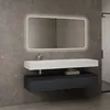 A modern bathroom vanity with a sink and mirror against a marble-tiled wall. Produktbild-Vorschau