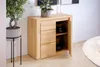 A wooden sideboard with an open door, displaying black plates on shelves, next to a potted plant. Produktbild-Vorschau