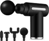 A black massage gun with multiple attachments is displayed against a white background. Produktbild-Vorschau
