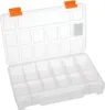 An open, empty plastic organizer box with multiple compartments and orange clasps. Voir les images du produit