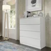 A white chest of drawers is shown in a room with wooden walls and a window. Produktbild-Vorschau