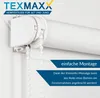 Close-up of a white roller blind mechanism and fabric, with marketing text overlays. Produktbild-Vorschau