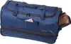 A blue travel bag with brown shoes sticking out of a side compartment. Produktbild-Vorschau