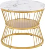 A round coffee table with a marble-look top and a gold metal cage base. Náhľad obrázku produktu