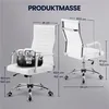 Two views of a white office chair with dimensions and weight capacity indicated by text and graphics. Produktbild-Vorschau