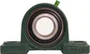 A green pillow block bearing with a silver bearing inside, shown against a white background. Produktbild-Vorschau
