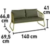 A product shot of a two-seater outdoor sofa with dimensions indicated. Produktbild-Vorschau