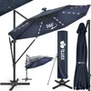 A navy blue cantilever umbrella with solar-powered LED lights, shown in various configurations including open, closed, and with a protective cover. The umbrella is displayed on a white background with other product accessories. Voir les images du produit