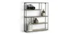 A rectangular wall shelf with four wooden shelves and a black metal frame, decorated with a camera, two potted plants, and a vase with dried flowers. Produktbild-Vorschau