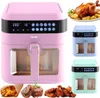 A collage of air fryers in different colors, along with images of food. Produktbild-Vorschau