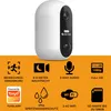 A smart outdoor camera with various features highlighted by icons and text. Produktbild-Vorschau