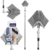 Collage of images showing a corner broom with a telescopic handle, its packaging, and a lifestyle shot of the broom in use. Voir les images du produit
