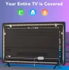 The back of a TV with LED strip lights installed around the edges, showing dimensions and icons indicating features. Produktbild-Vorschau