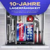 A drawer filled with tools and batteries, with a promotional overlay at the top. Produktbild-Vorschau