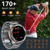A man playing golf with a smartwatch on his wrist, with various sport icons and feature callouts. Produktbild-Vorschau
