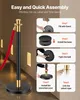 An instructional image showing the assembly steps for a stanchion post with a velvet rope. Produktbild-Vorschau