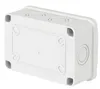 A white electrical junction box shown from a diagonal angle. Produktbild-Vorschau