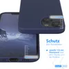 A blue iPhone case is shown from two angles, with a screen displaying a landscape. Text overlays describe the product's protective features. Produktbild-Vorschau