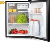 Interior of an open mini-fridge stocked with food and drinks. Voir les images du produit