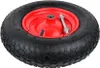 A close-up view of a wheel with a red rim and a black tire, lying on a white background. A silver bolt is visible in the center of the wheel. Produktbild-Vorschau
