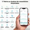 A hand holding a smartphone displaying a health app, with icons and text related to body data analysis surrounding it. Produktbild-Vorschau