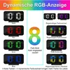 A collage of digital alarm clocks displaying different colors and modes, with text explaining features. Produktbild-Vorschau