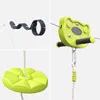 A collage of three close-up images showing different parts of a green zip line kit for a playground. Produktbild-Vorschau