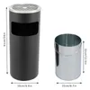 A black outdoor trash can with an ashtray top and a silver inner bucket, shown with dimensions. Voir les images du produit