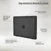 A dark gray hardshell case for a MacBook Pro 14-inch is shown from a slightly elevated, angled perspective, with callouts highlighting its features. Produktbild-Vorschau