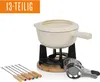 A fondue set is displayed against a white background, with a prominent orange banner in the top left corner. Voir les images du produit