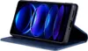 A blue leather flip case for a smartphone is shown standing upright, displaying the phone's screen. Produktbild-Vorschau