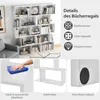 A white bookshelf with books and decorative items, accompanied by feature callouts and close-up shots. Produktbild-Vorschau