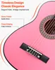 A close-up of a pink acoustic guitar with marketing text highlighting its features. Anteprima dell’immagine prodotto