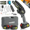 A collection of items for a mini chainsaw kit, including the chainsaw, batteries, charger, chains, safety glasses, gloves, and a carrying case. Produktbild-Vorschau