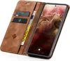 A brown leather flip case for a smartphone, open to reveal the phone's screen and card slots. Produktbild-Vorschau