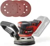 A cordless orbital sander with three sanding discs is displayed against a white background. Produktbild-Vorschau