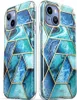 Two views of an iPhone case with a geometric blue and teal marble pattern and gold accents. Podgląd zdjęcia produktu