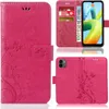 A collage of images showing a pink phone case with a floral and butterfly design, including a view of the case open with cards and cash inserted, and a view of the back of the case with the phone inserted. Produktbild-Vorschau