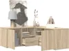 A corner shelving unit with drawers and cabinets, decorated with a lamp, artwork, and decorative objects. Podgląd zdjęcia produktu