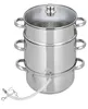 A stainless steel steamer pot with a glass lid and a clear tube attached to the bottom. Produktbild-Vorschau