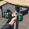 A hand holding a HiKOKI cordless impact driver, using it to attach something to the underside of a wooden table. Voir les images du produit