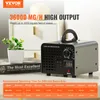 A VEVOR ozone generator is shown on a table next to a book and a small plant. Text overlays highlight its features and a table provides operating time recommendations. Produktbild-Vorschau