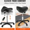 Collage showing a black saddle stool with different views and highlighted features. Produktbild-Vorschau