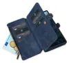 A blue wallet case for a smartphone, open to show card slots, a zipper pocket with money and coins, and the phone itself. Produktbild-Vorschau