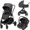 A collage of a travel system for a baby, showing the stroller, bassinet, and car seat. Produktbild-Vorschau