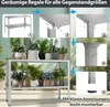 An image showing the assembly steps for a metal shelving unit, with plants displayed on the assembled unit. Voir les images du produit