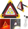 A collage of images showing a triangular LED warning light, a USB charging cable, and the light in different modes. Voir les images du produit