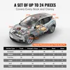 A diagram of a car with various parts labeled, accompanied by a table showing material requirements per vehicle type. Produktbild-Vorschau